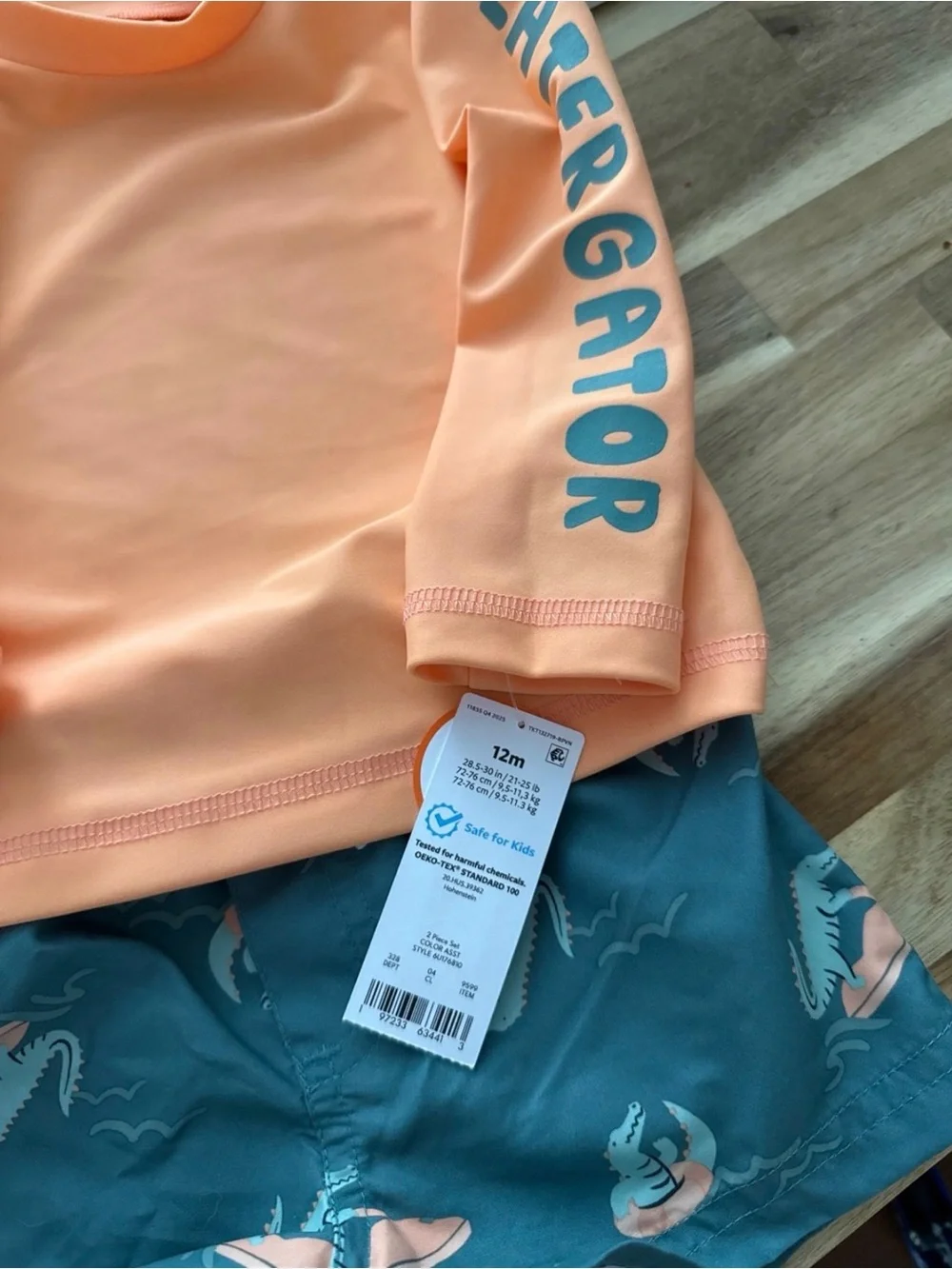 Carter's Peach Long-Sleeve Rash Guard with Teal Alligator Swim Trunks